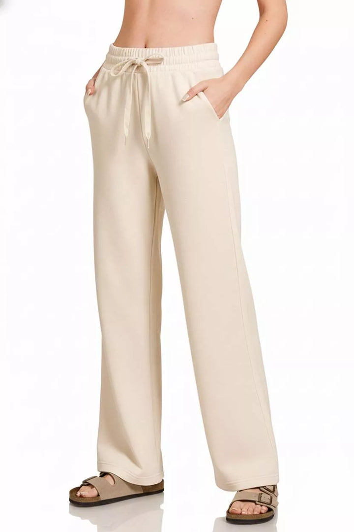 Sand Beige Zenana Scuba Drawstring Wide Leg Pants