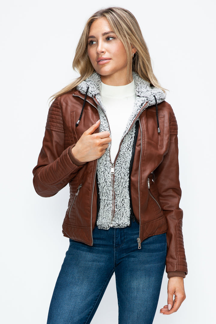 Ymi Faux Layered Double Zipper Jacket With Fuzzy Hood 5