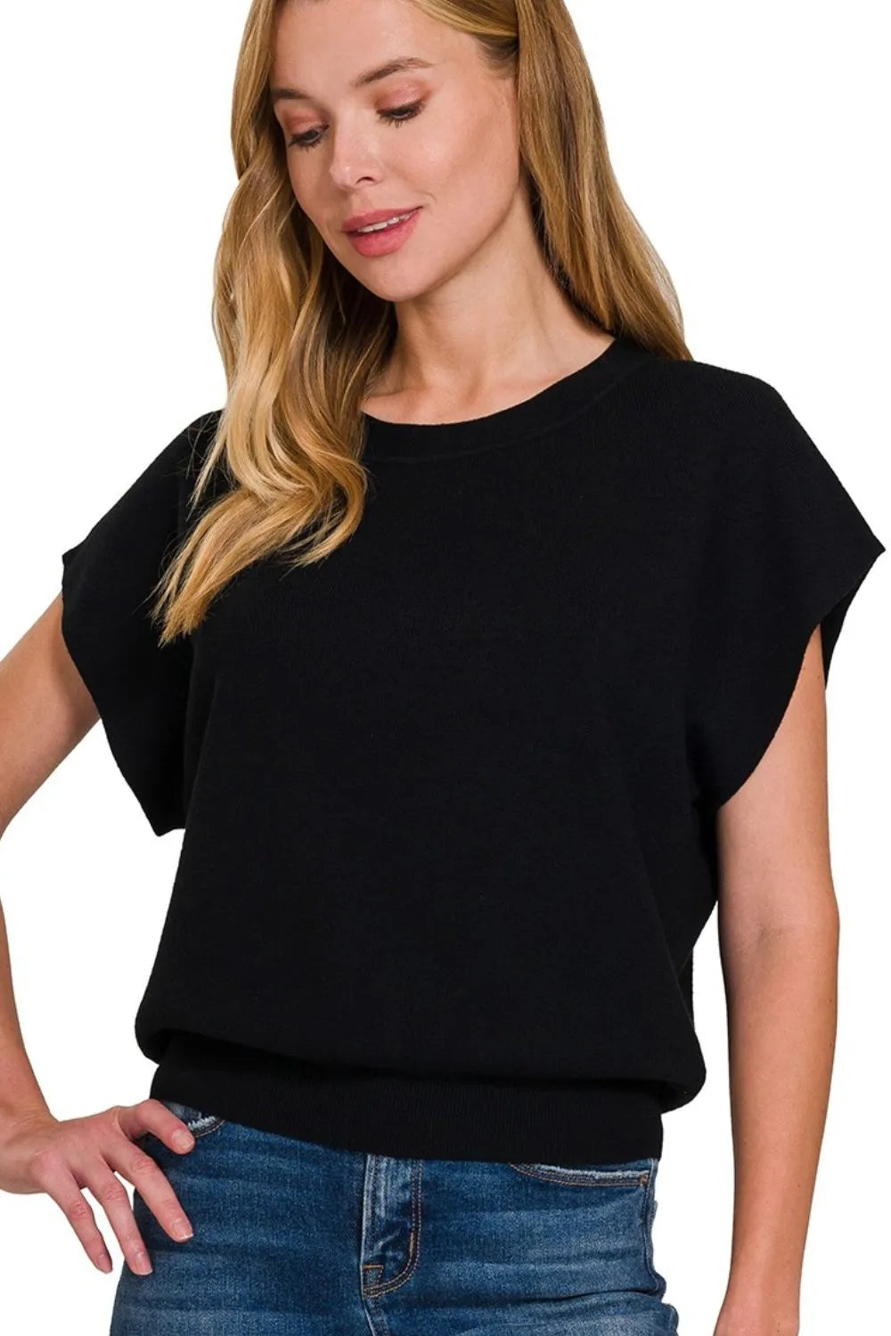 Black Zenana Round Neck Short Dolman Sleeve Sweater