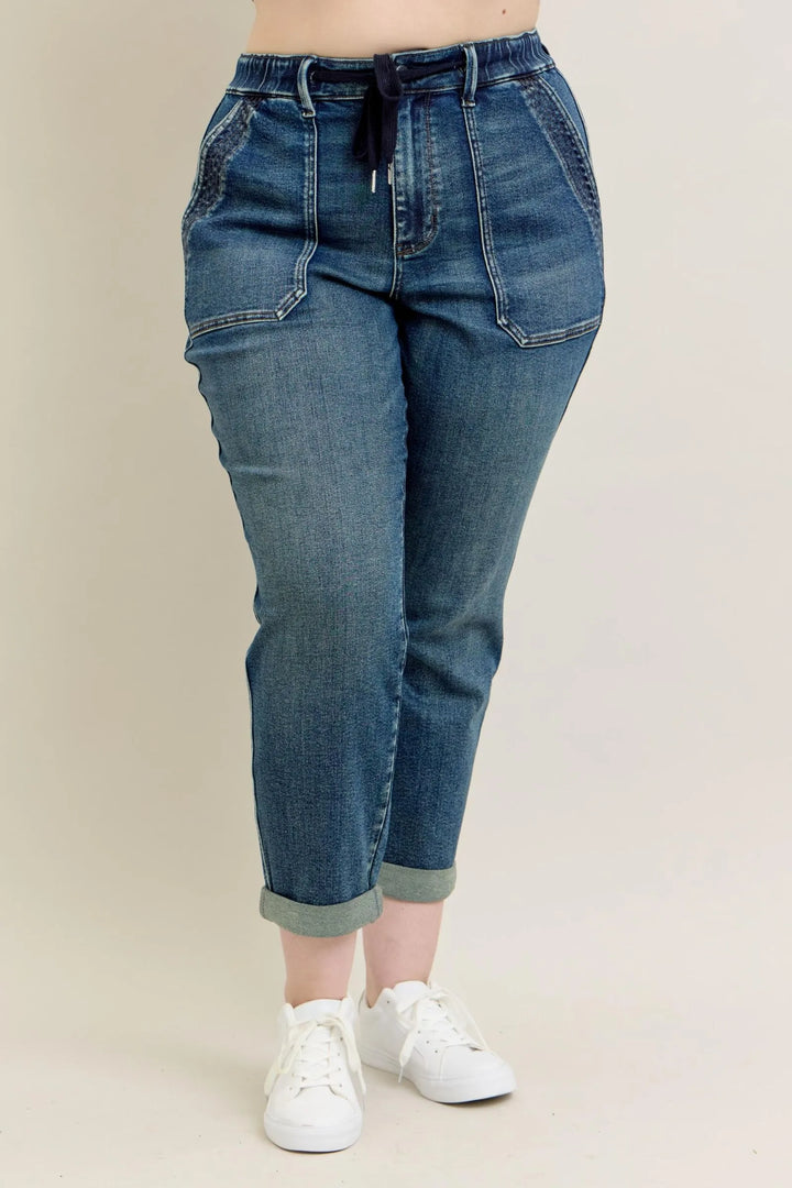 Dark Judy Blue Full Size Hw Vintage Wash Jeans W Drawstring Plus Size