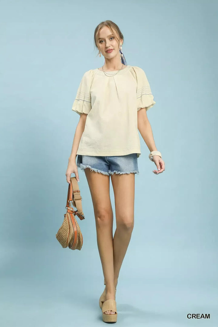 Umgee Round Neck Puff Sleeve Top With Contrast Stitch Detail