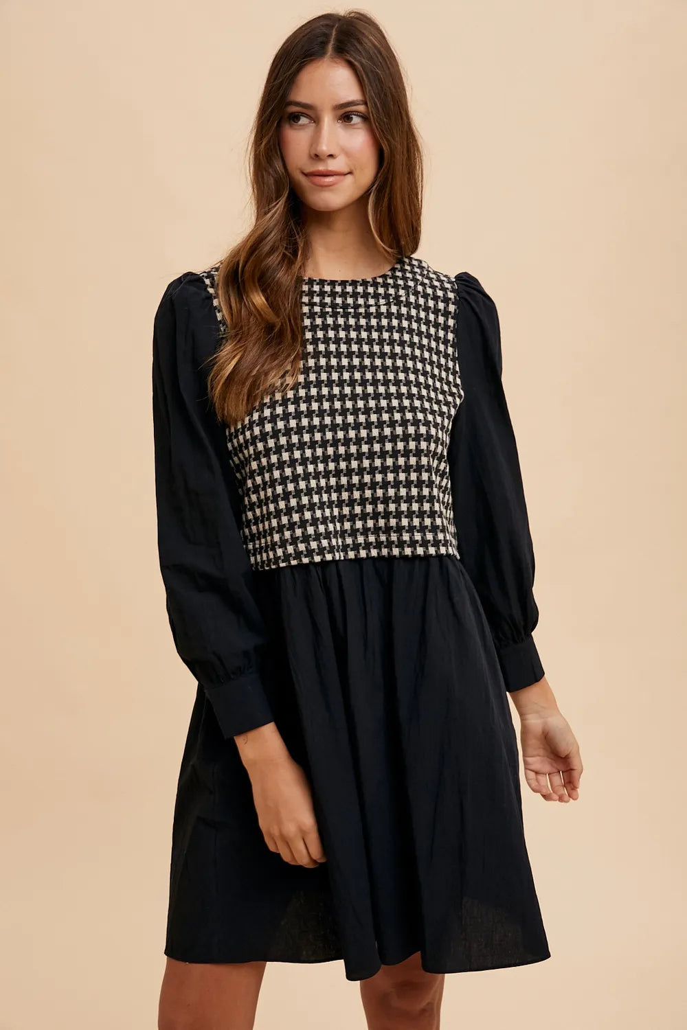 Black Annie Wear Tie Back Plaid Round Neck Mini Dress