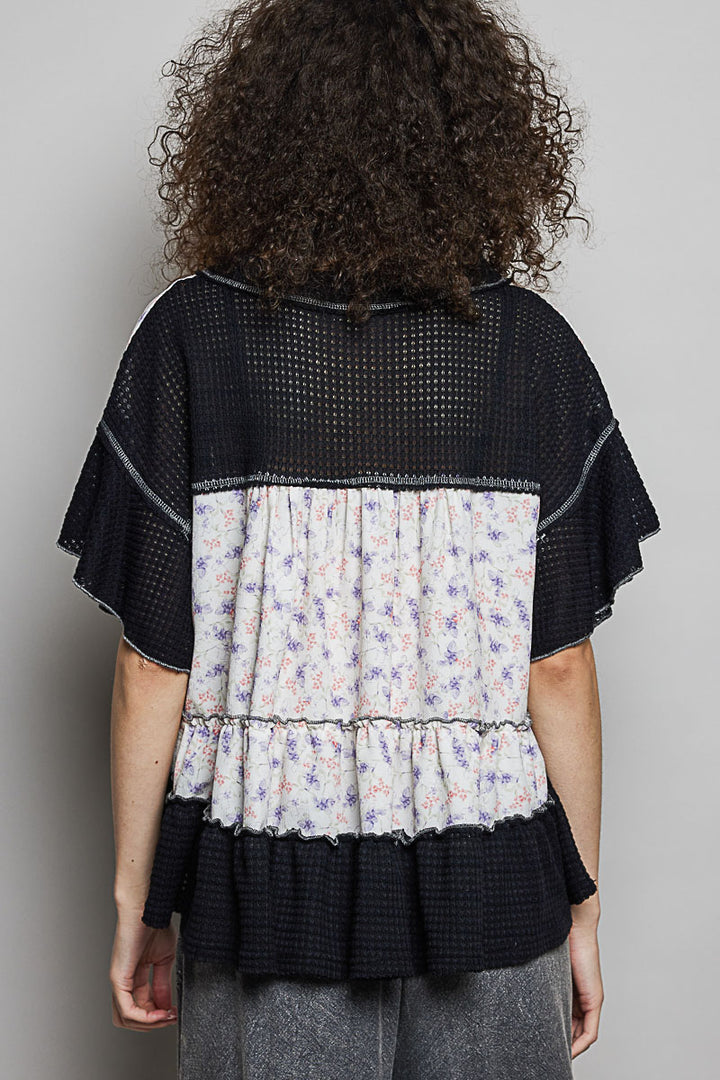 Pol Floral Print V Neck Woven Blouse With Gentle Gathers 1