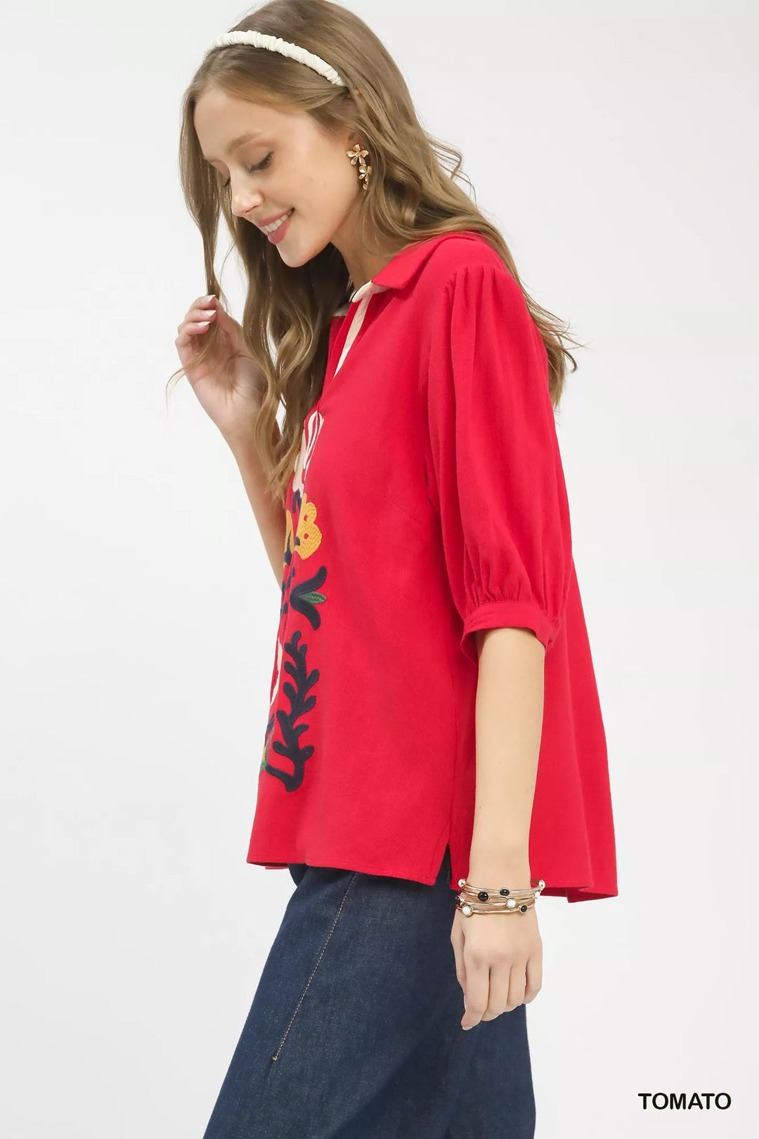 Tomato Umgee Mixed Media V Neck Print Blouse