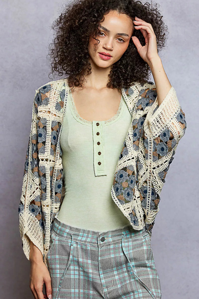 Charcoal Multi Pol Open Front Floral Crochet Cardigan