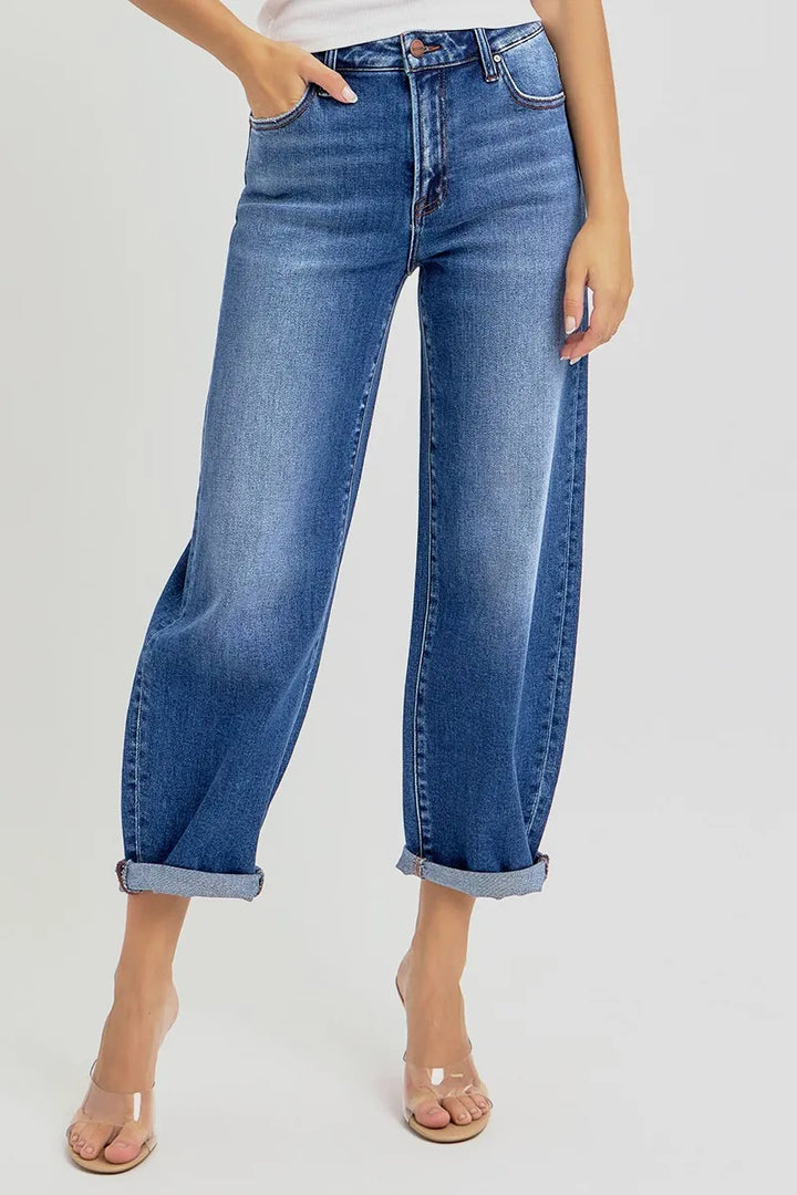 Dark Risen Full Size High Rise Crop Mild Barrel Jeans Plus Size
