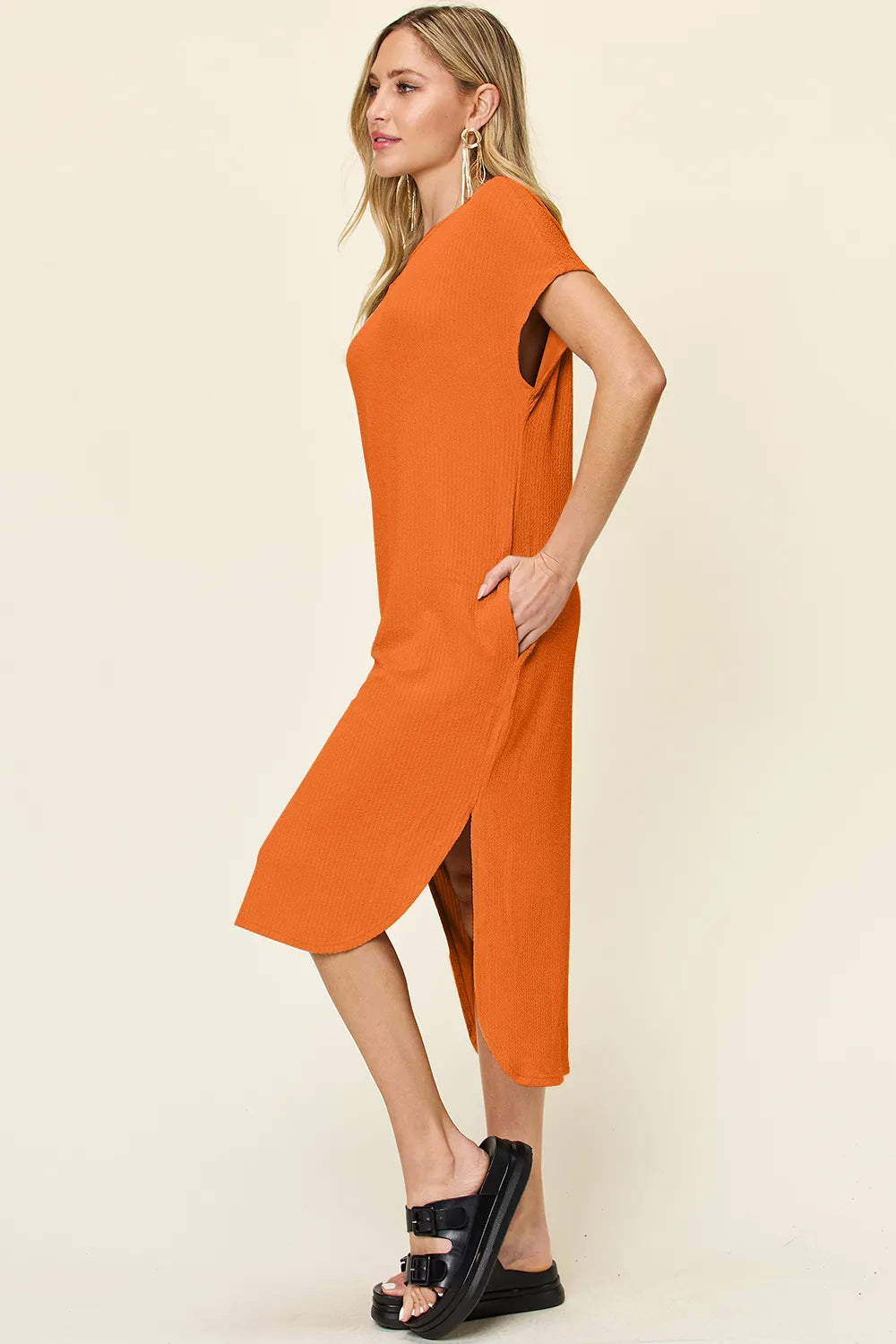 Sky Blue Double Take Full Size Round Neck Short Sleeve Slit Dress