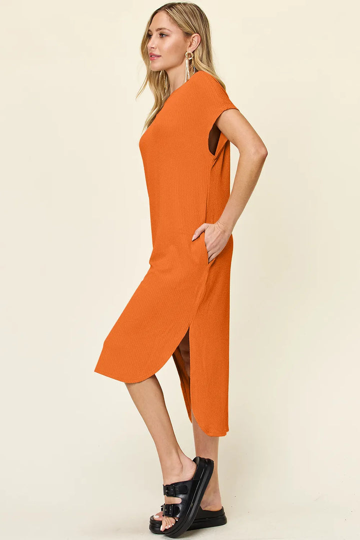 Sky Blue Double Take Full Size Round Neck Short Sleeve Slit Dress