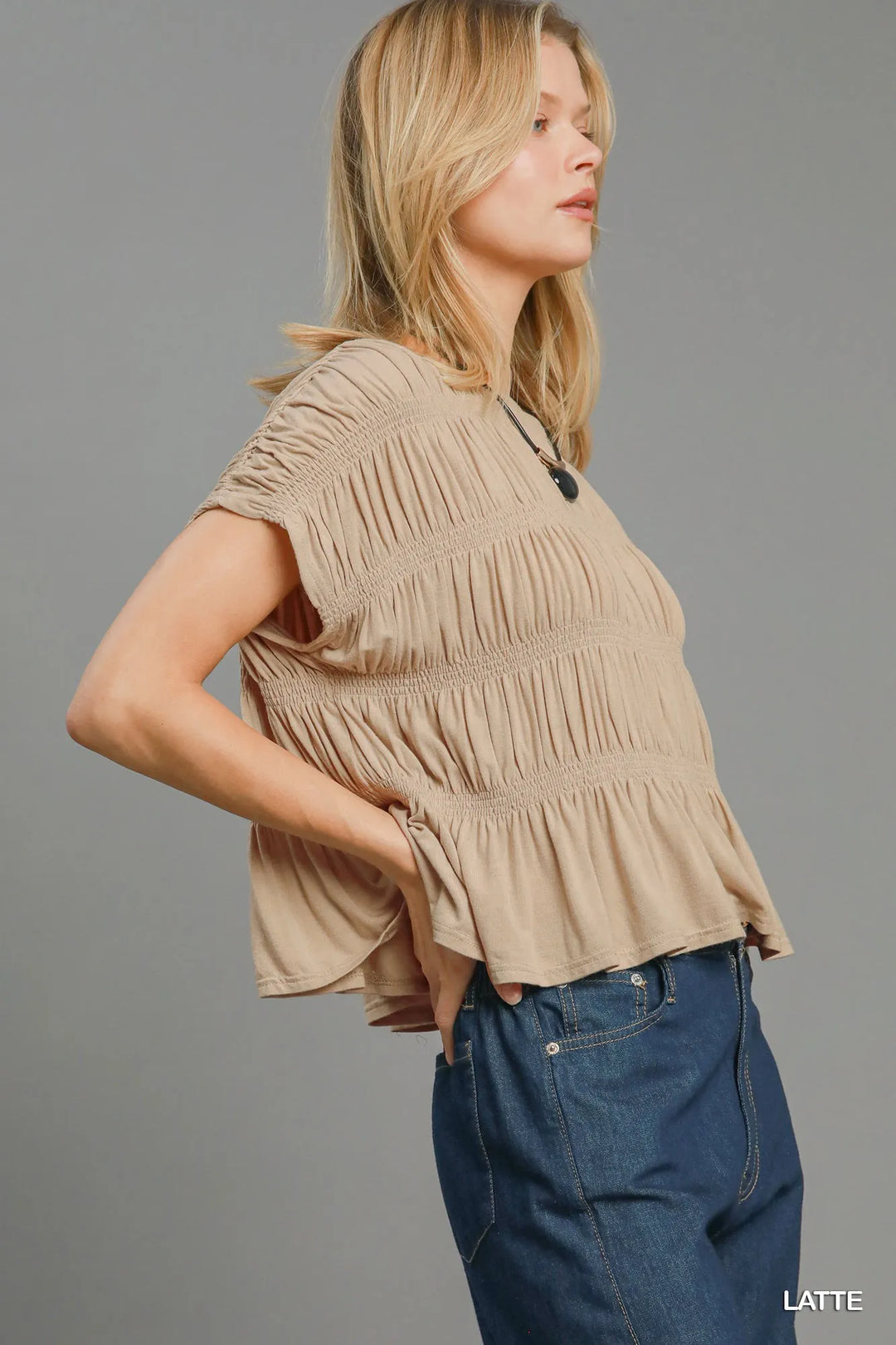 Latte Umgee Short Sleeve Knit Smocked Top