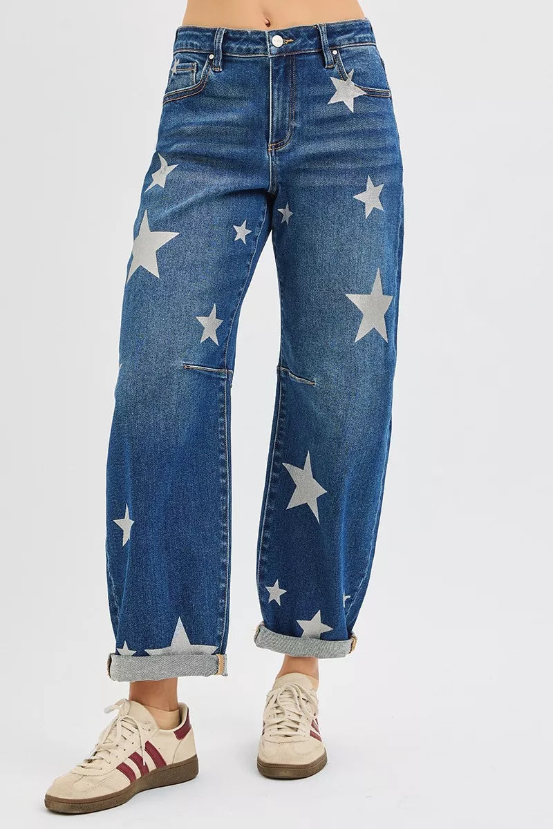 Dark Risen Mid Rise Ankle Length Relaxed Barrel Star Printed Jeans