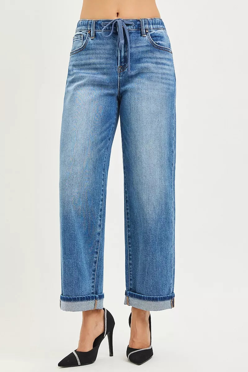 Medium Risen Elastic Band Slouch Ankle Boyfriend Cuffed Hem Jeans