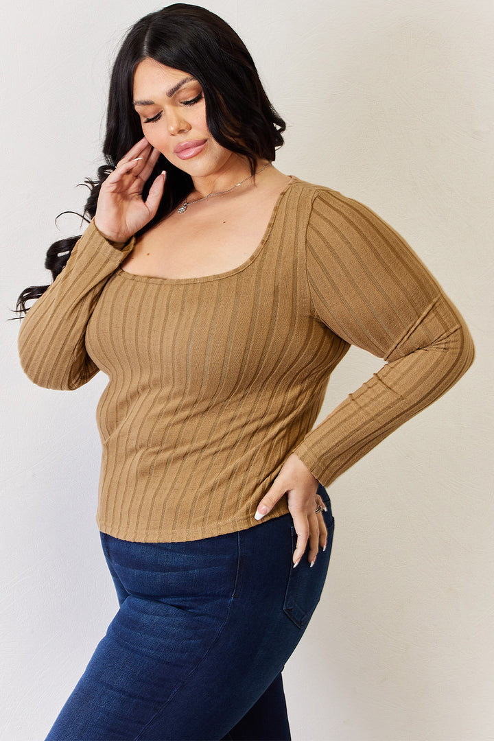 Khaki Basic Bae Full Size Ribbed Long Sleeve T Shirt