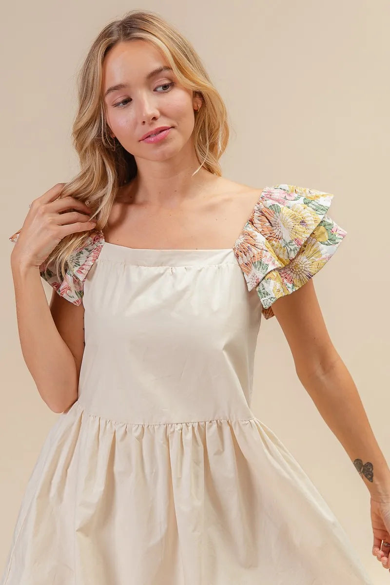 Bibi Flower Embroidered Floral Print Sleeve Dress