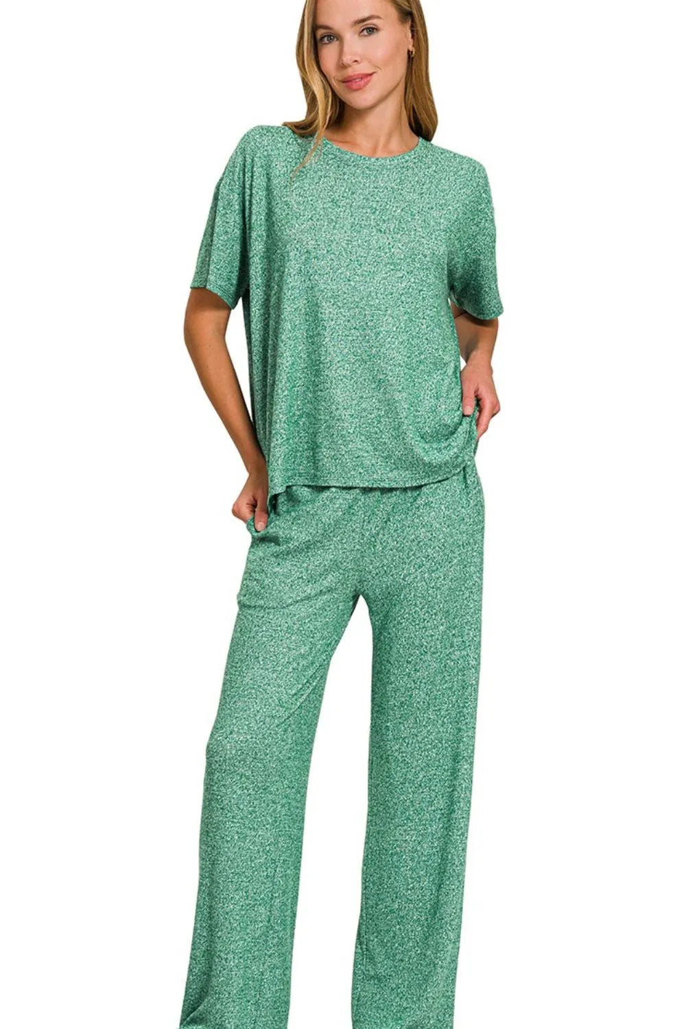 Dk Green Zenana Soft Melange Short Sleeve Tee Long Pants Set 1