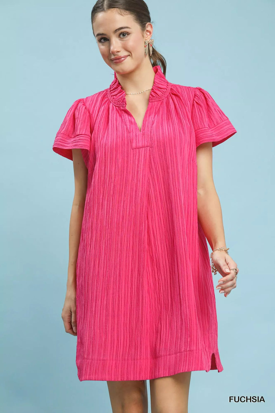 Fuchsia Umgee Flutter Sleeve V Neck Shift Dress 1