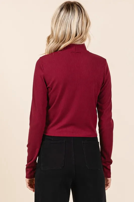 Wine Mittoshop Mock Neck Rib Knit Long Sleeve Crop Top