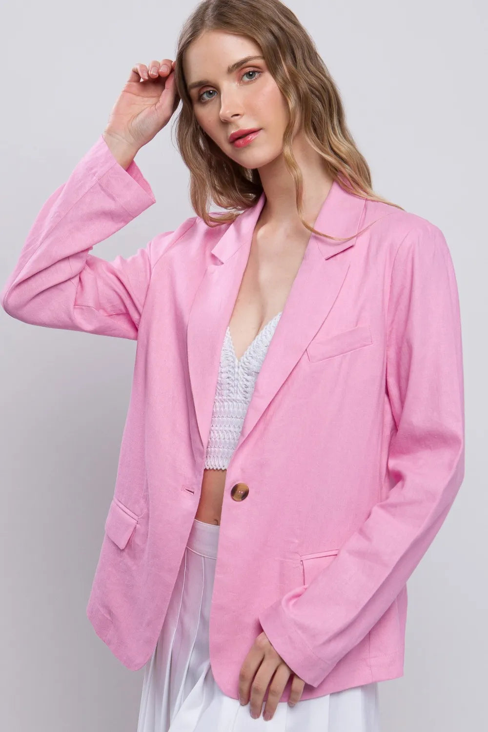 Pink Love Tree One Button Long Sleeve Linen Blazer