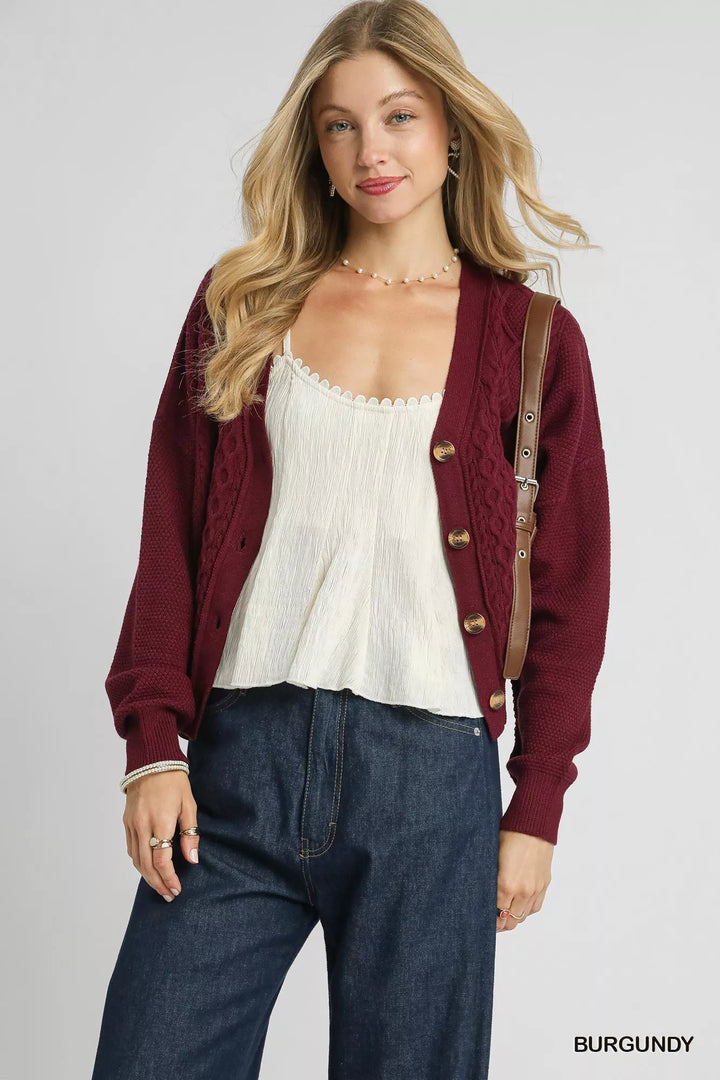 Burgundy Umgee Chunky Cable Knit V Neck Button Up Cardigan 1