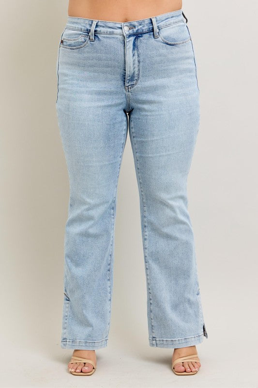 Light Judy Blue Full Size Tummy Control Vintage Wash Side Slit Slim Boot Jeans Plus Size