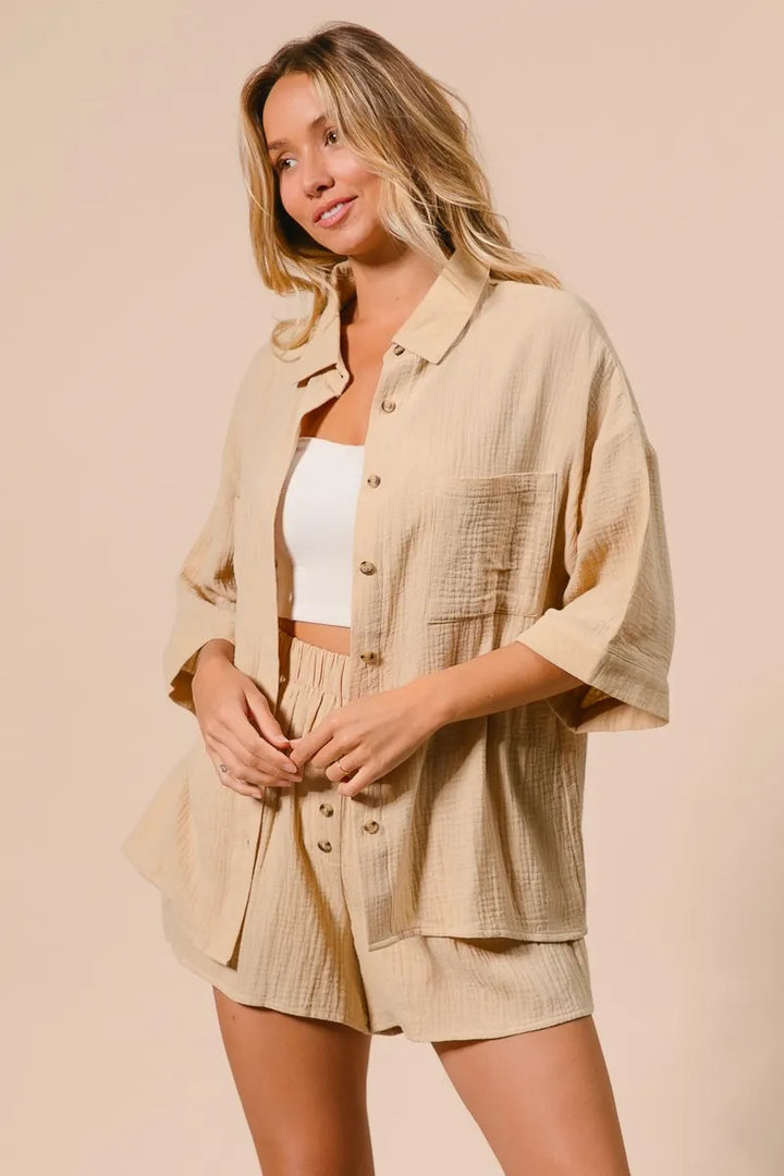 Oatmeal Bibi Crinkle Gauze Shirt And Short Set 2