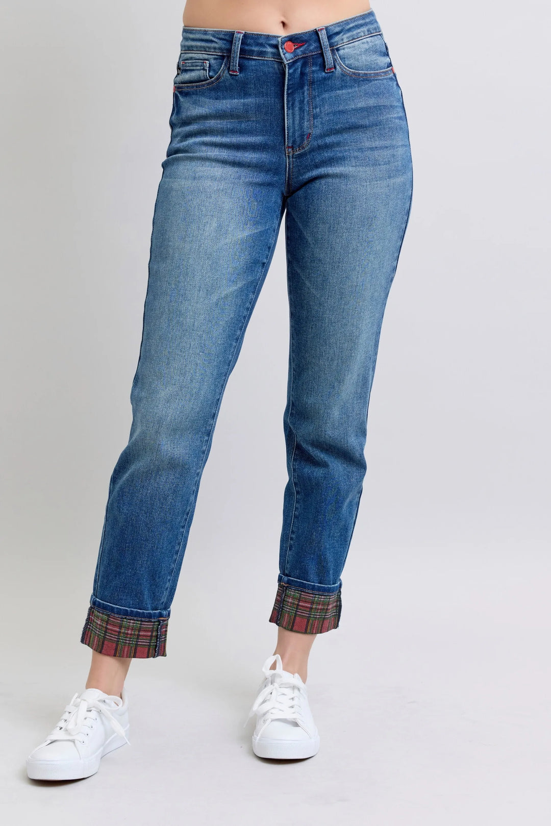 Medium Judy Blue Full Size Mr Plaid Print Cuff Bf Jeans Plus Size