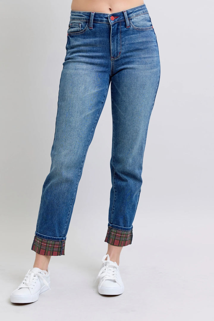 Medium Judy Blue Full Size Mr Plaid Print Cuff Bf Jeans Plus Size