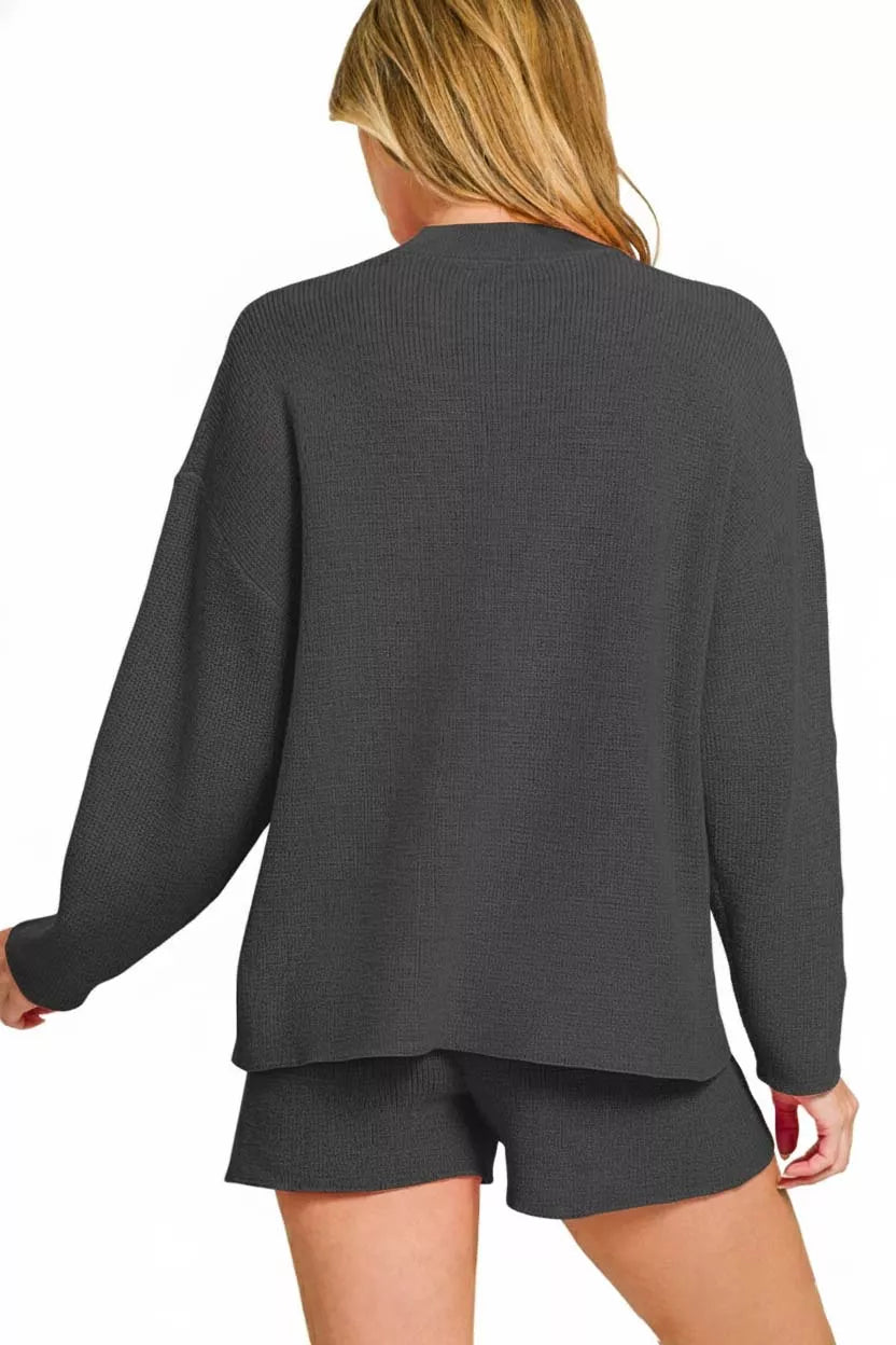 Black Zenana Round Neck Knit Top And Shorts Sweater Set 2