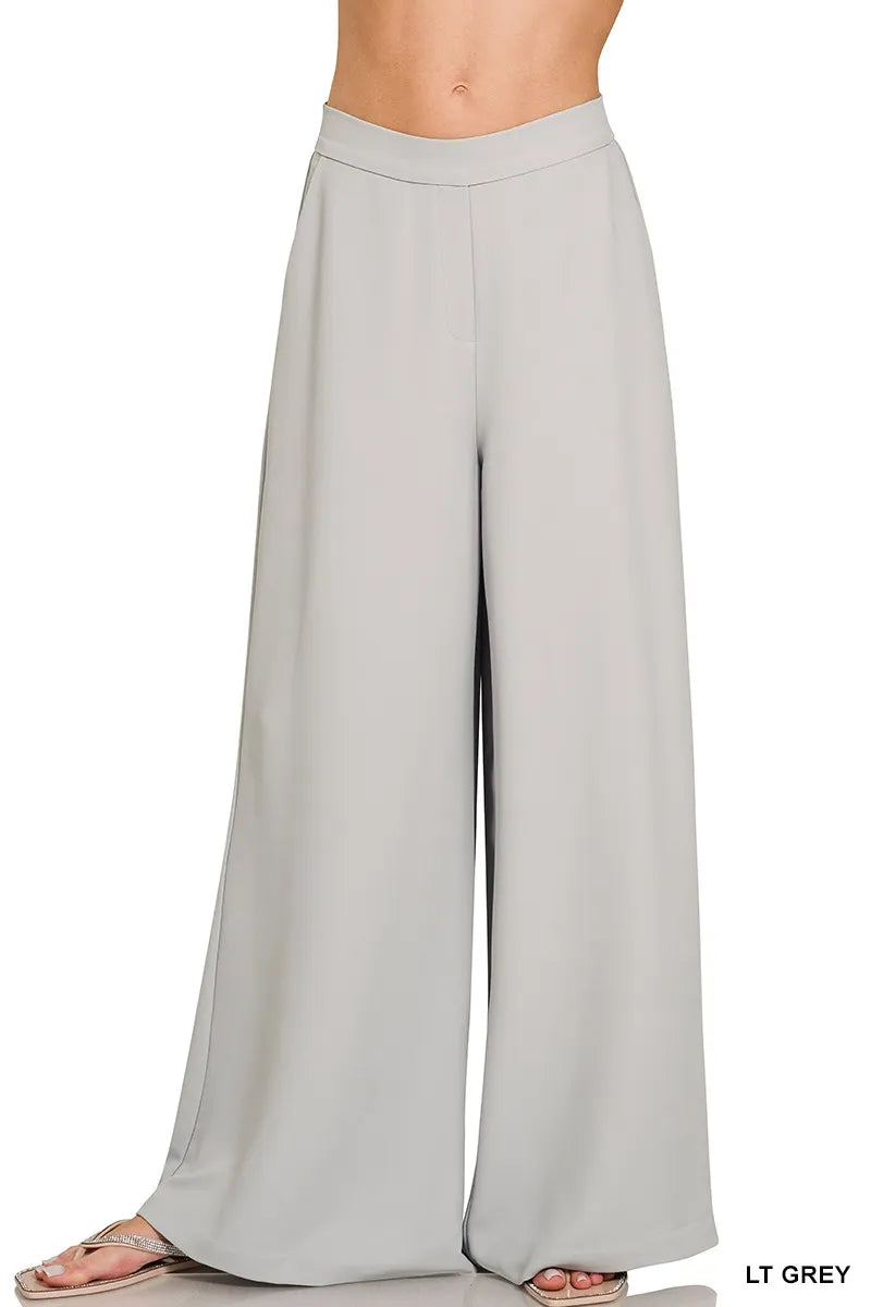 Lt Grey Zenana Relaxed Fit Elastic Waisted Wide Leg Pants