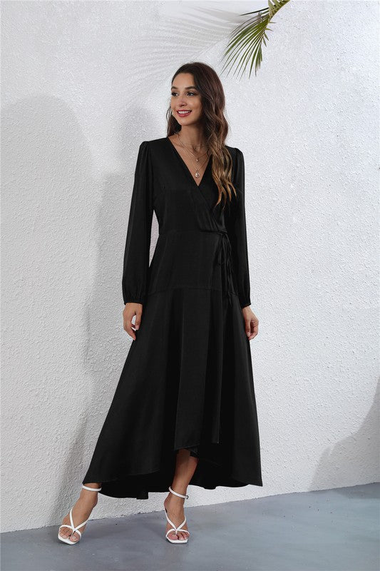 Black Womens V Neck Long Sleeve Maxi Dress