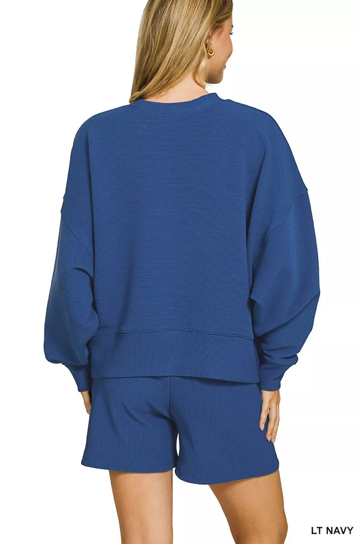 Lt Navy Zenana Ribbed Round Neck Pullover And Shorts Set