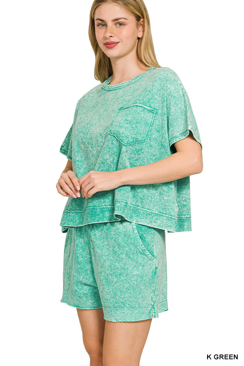 K Green Zenana Halo Snow Washed Boxy Top Shorts Set
