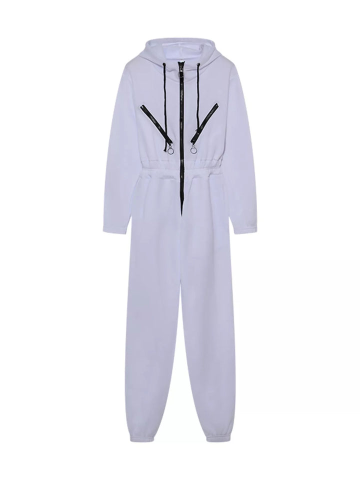 White Hooded Zip Up Long Sleeve Jumpsuit
