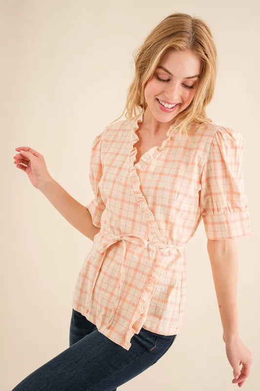 Salmon And The Why Plaid Patterned And Ruffled Wrap Blouse Top