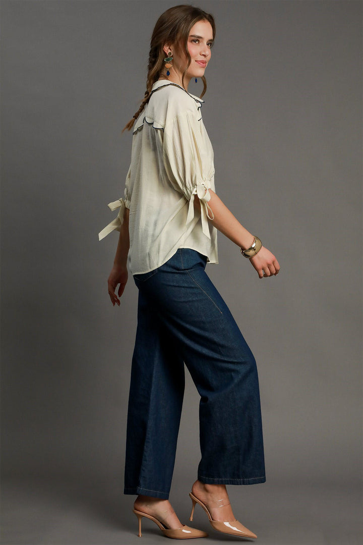 ECRU Umgee Full Size Embroidered Detail Button Down Shirt Plus Size