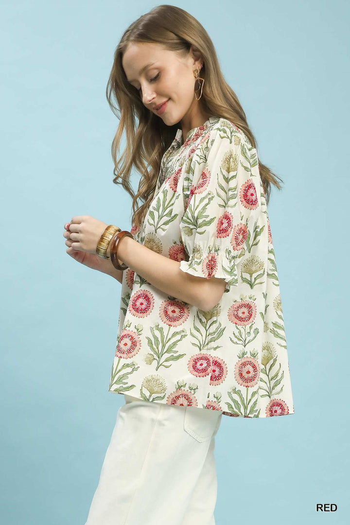 Red Umgee Floral Button Front Short Sleeve Top