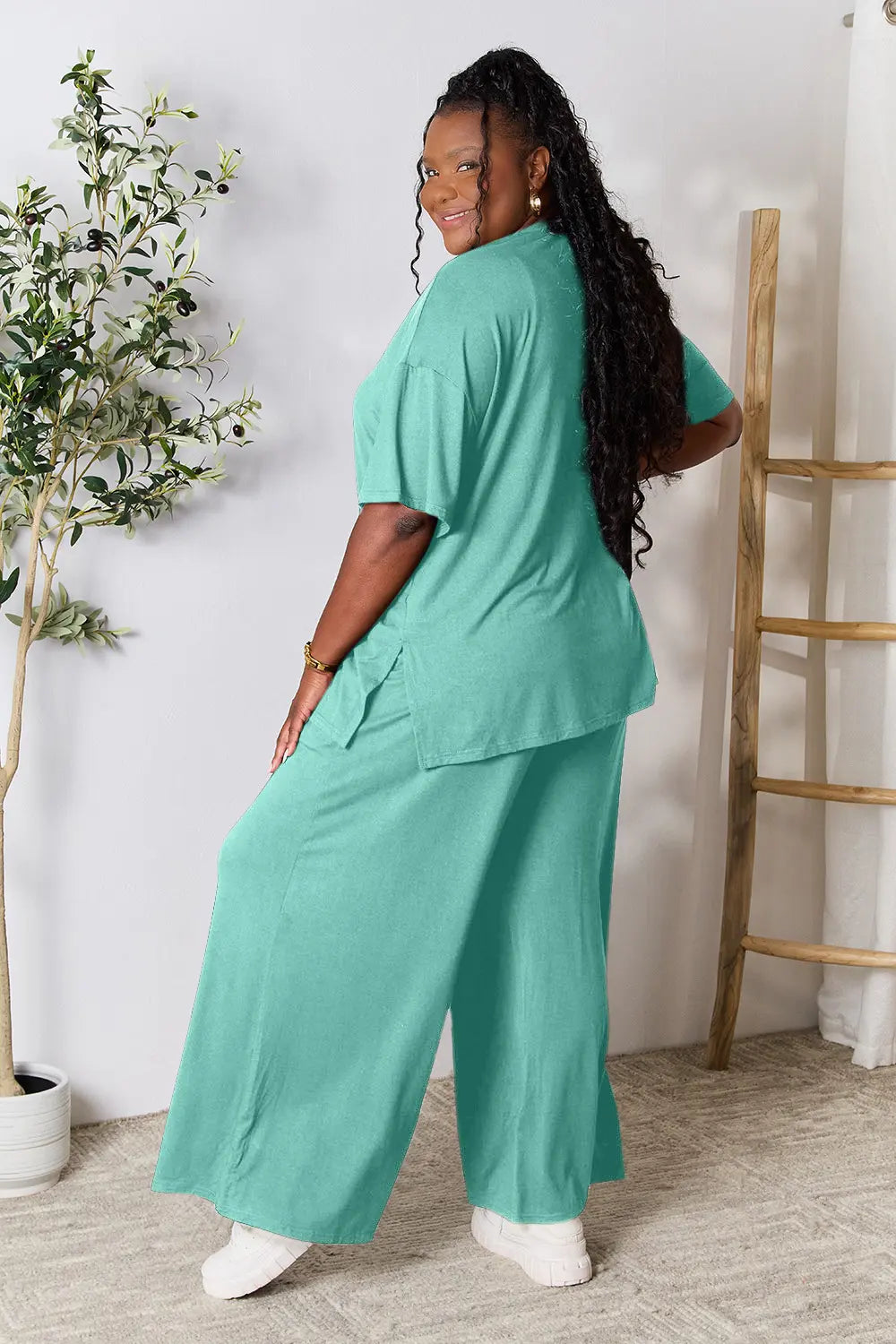 Teal Double Take Full Size Round Neck Slit Top And Pants Set