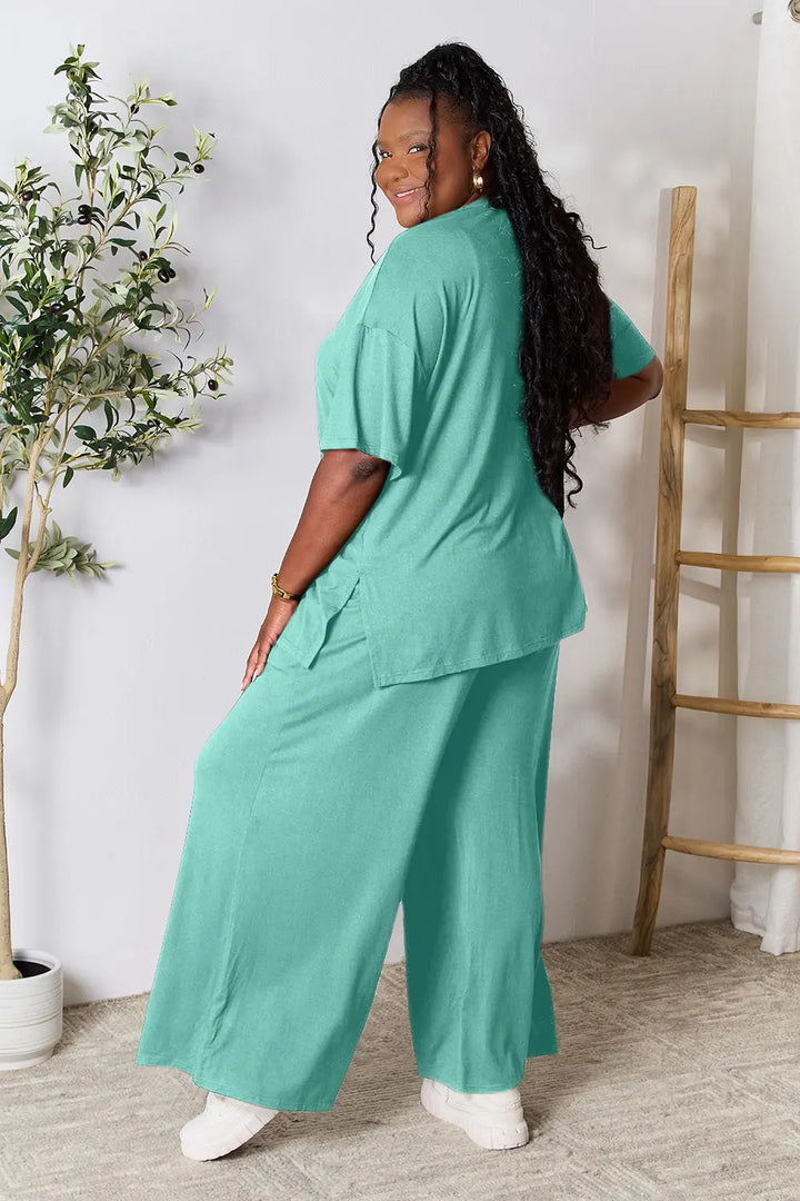 Teal Double Take Full Size Round Neck Slit Top And Pants Set