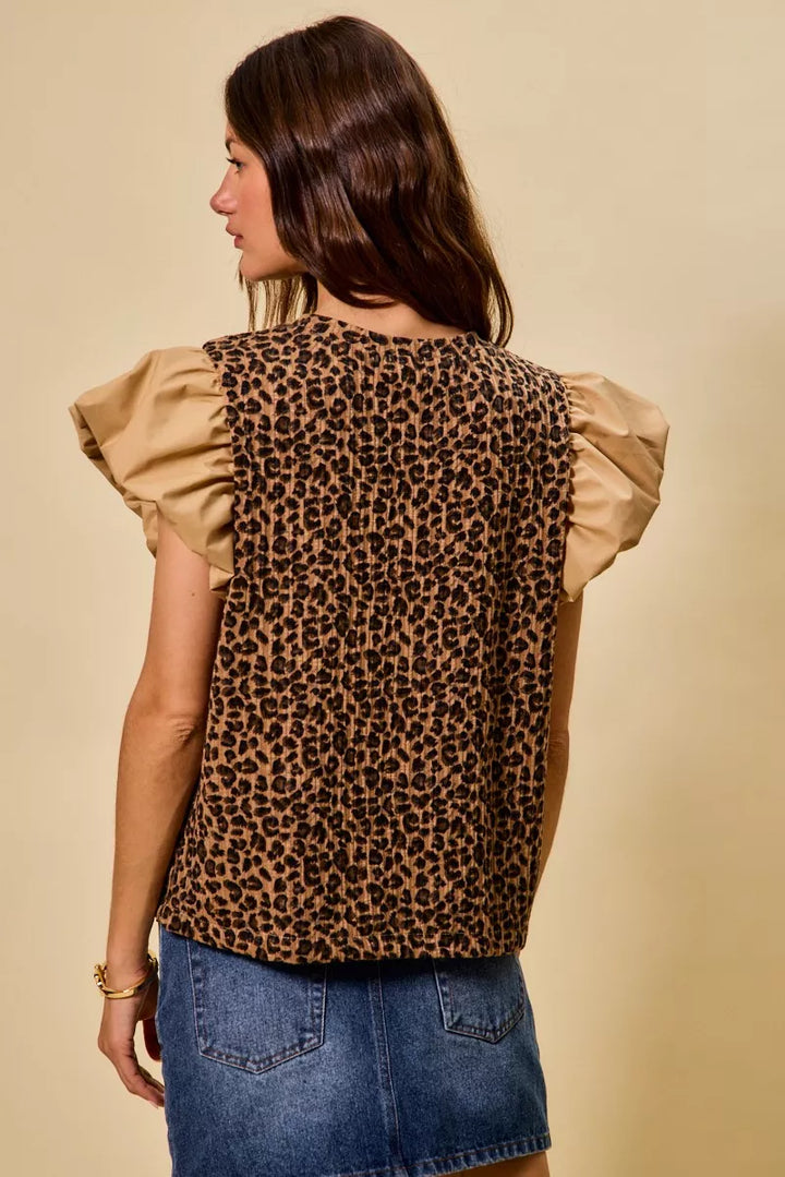 So Me Leopard Pointelle Knit Top With Puff Sleeves