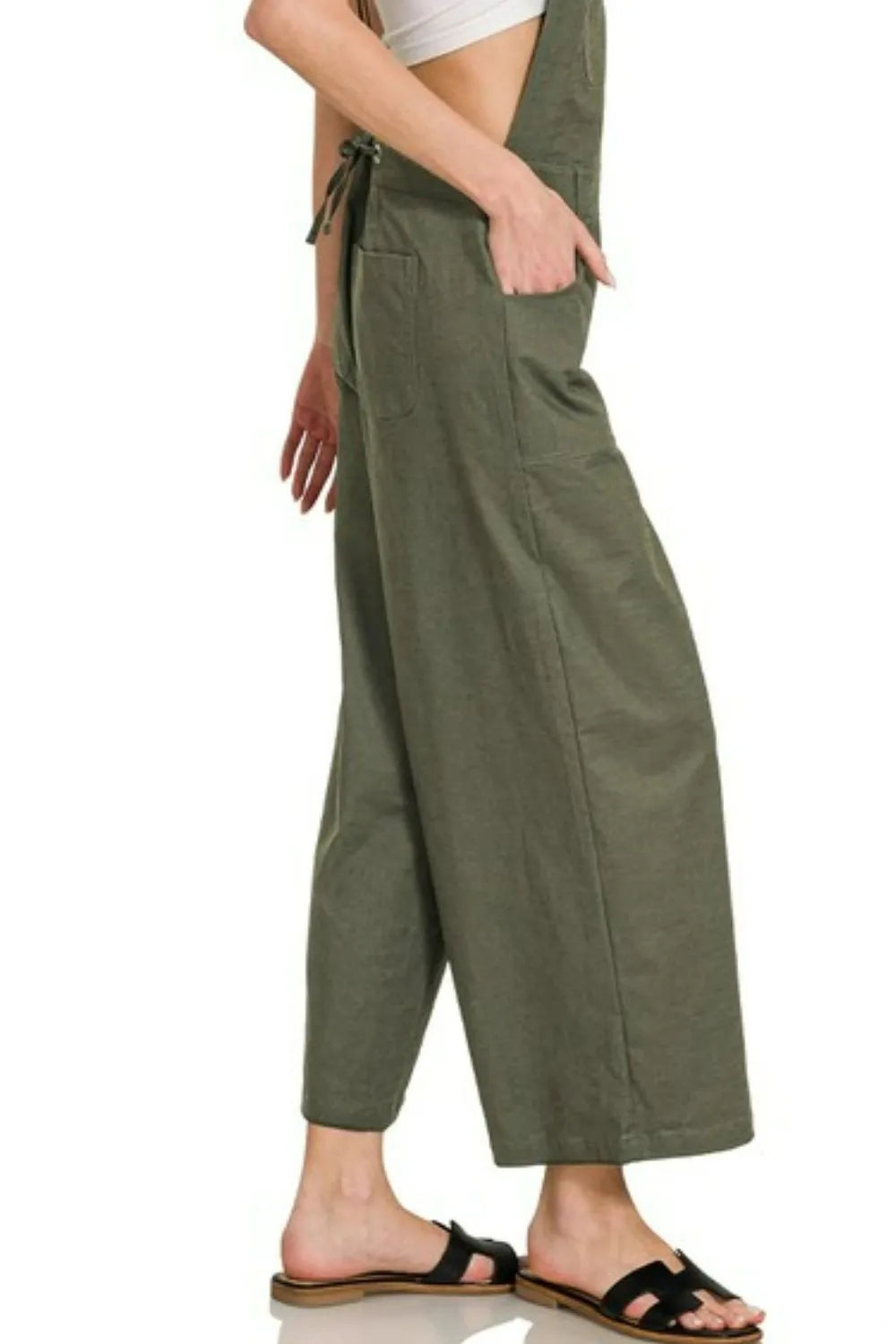 Dk Olive Zenana Woven Spaghetti Strap Overalls