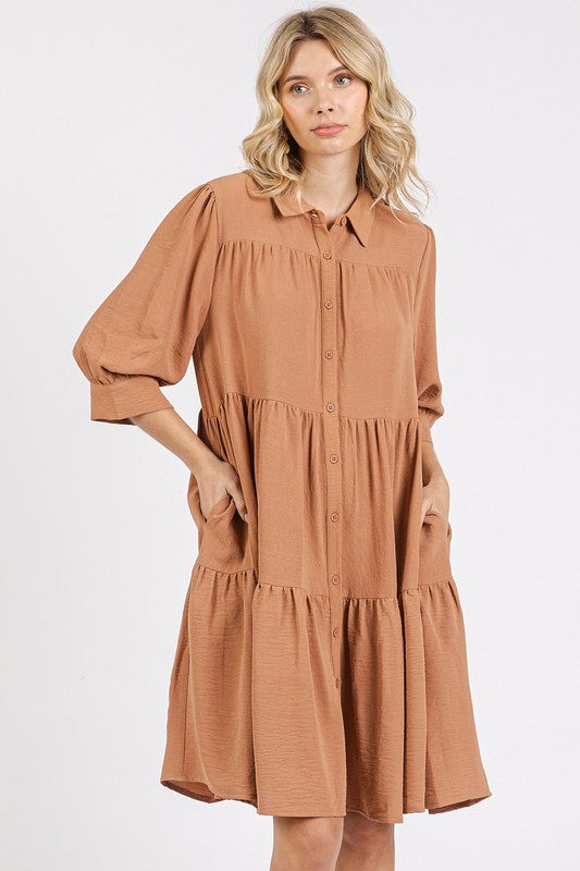 Ochre Mittoshop Button Detail Collared Neck Tiered Shirt Dress