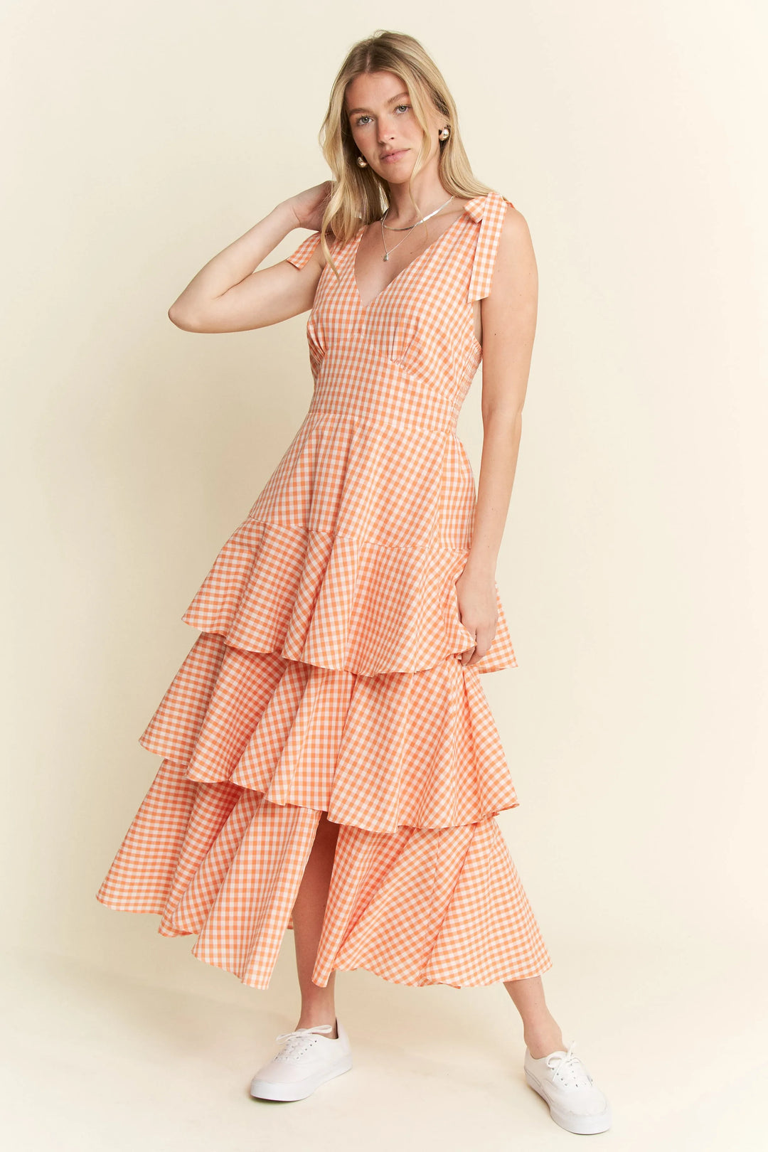 Orange Jade By Jane Sleeveless Gingham Print Tiered Midi Dress