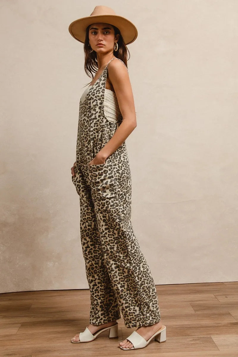Leopard Bibi Leopard Print Adjustable Strap U Neck Jumpsuit