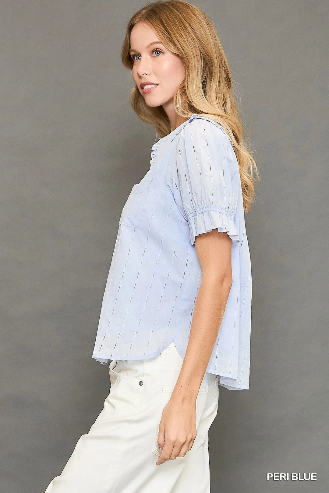 Peri Blue Umgee Peter Pan Collared Button Down Textured Shirt With Ruffled Detail