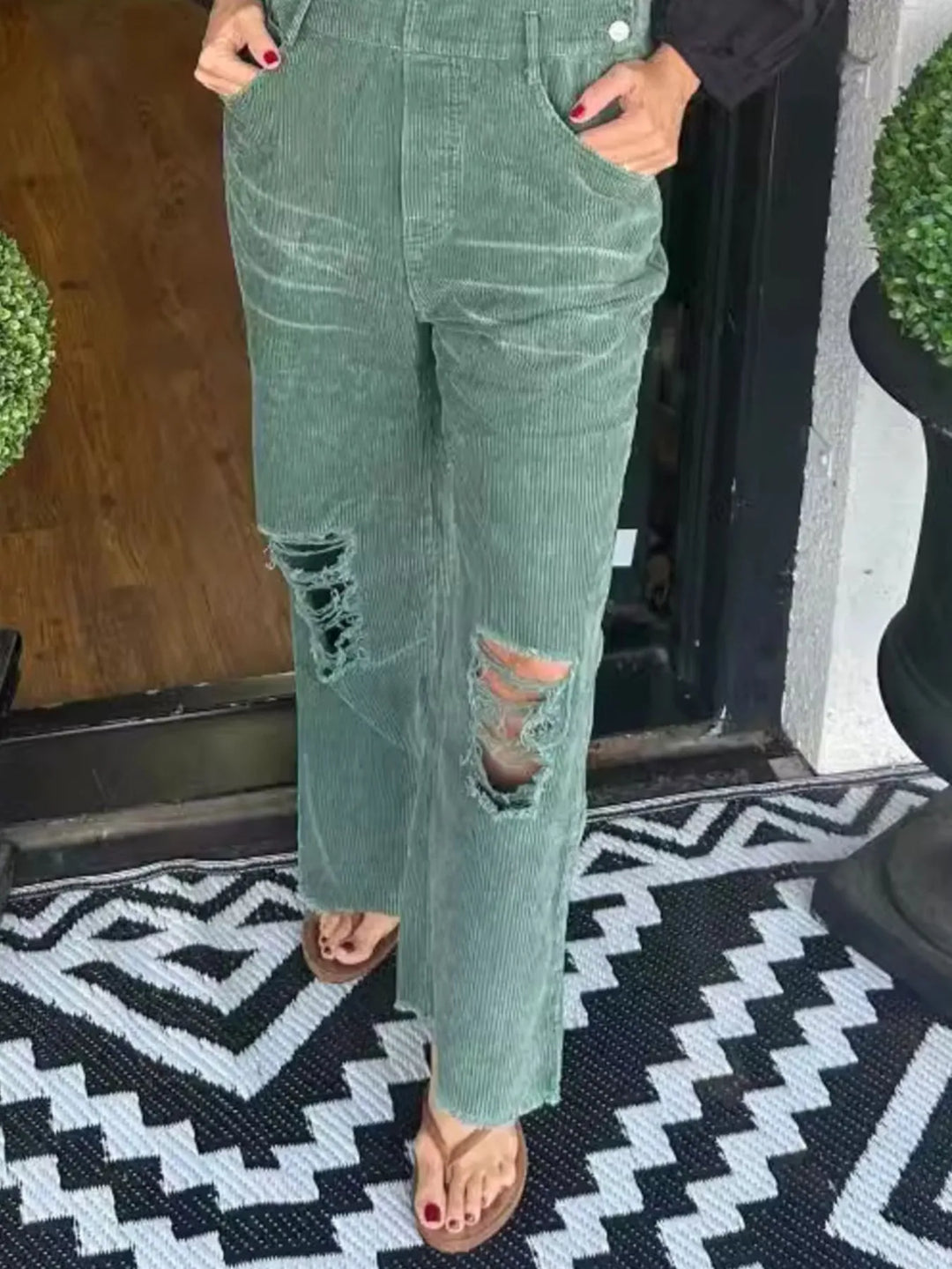 Green Distressed Wide Leg Corduroy Overalls