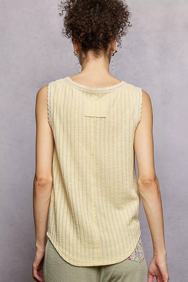 Pol Ribbed Round Neck Tank With Lace Trim 1