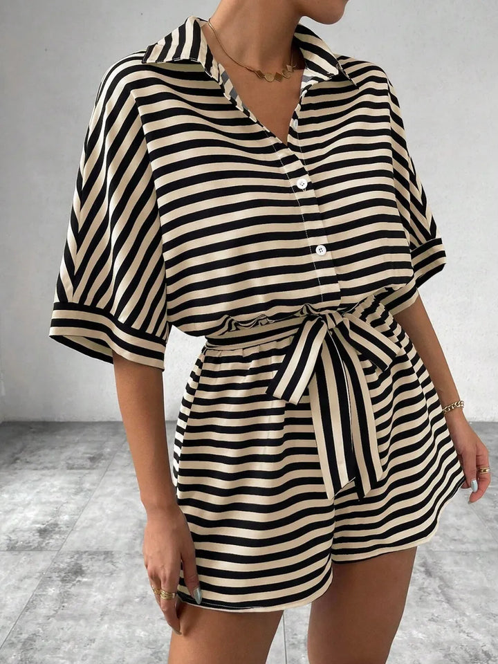 Tan Tie Waist Half Button Striped Romper