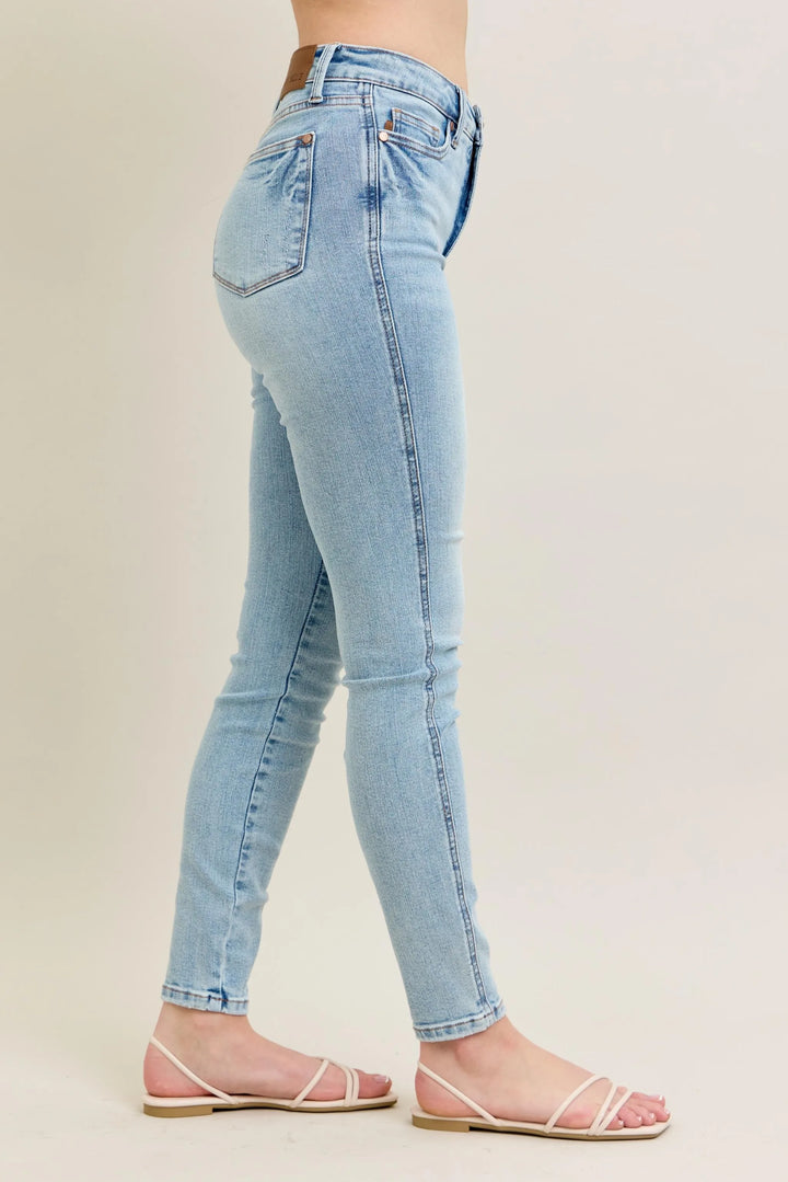 Light Judy Blue Full Size Mr Tummy Control Vintage Wash Skinny Jeans Plus Size
