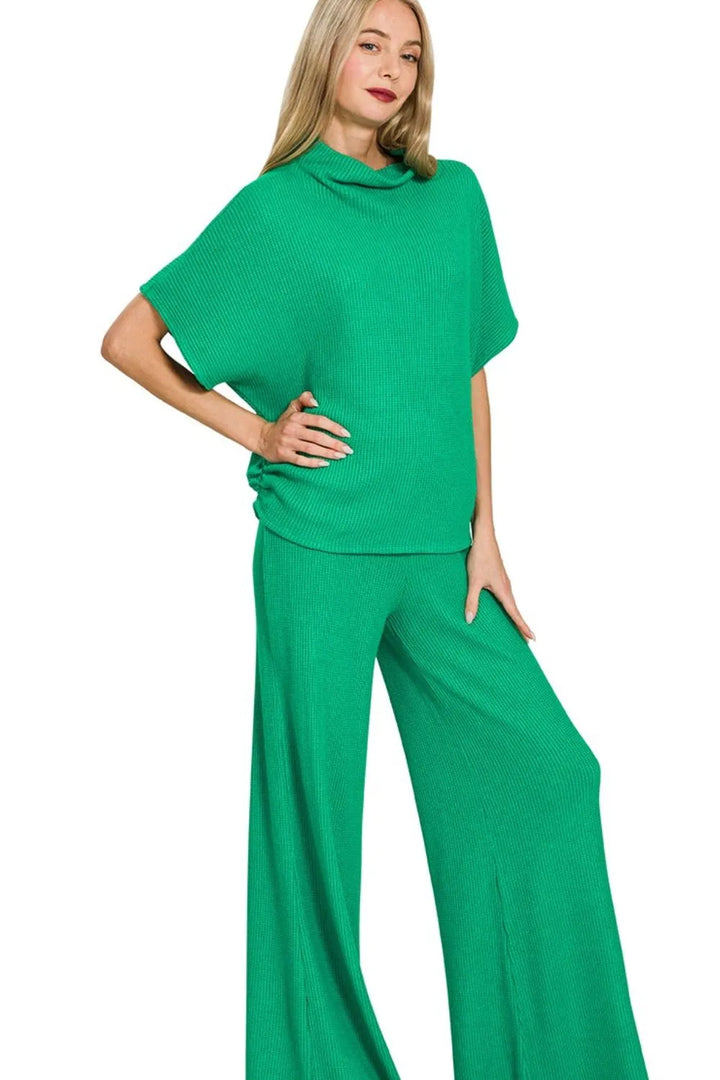K Green Zenana Sweater Mock Neck Top Long Pants Set 3