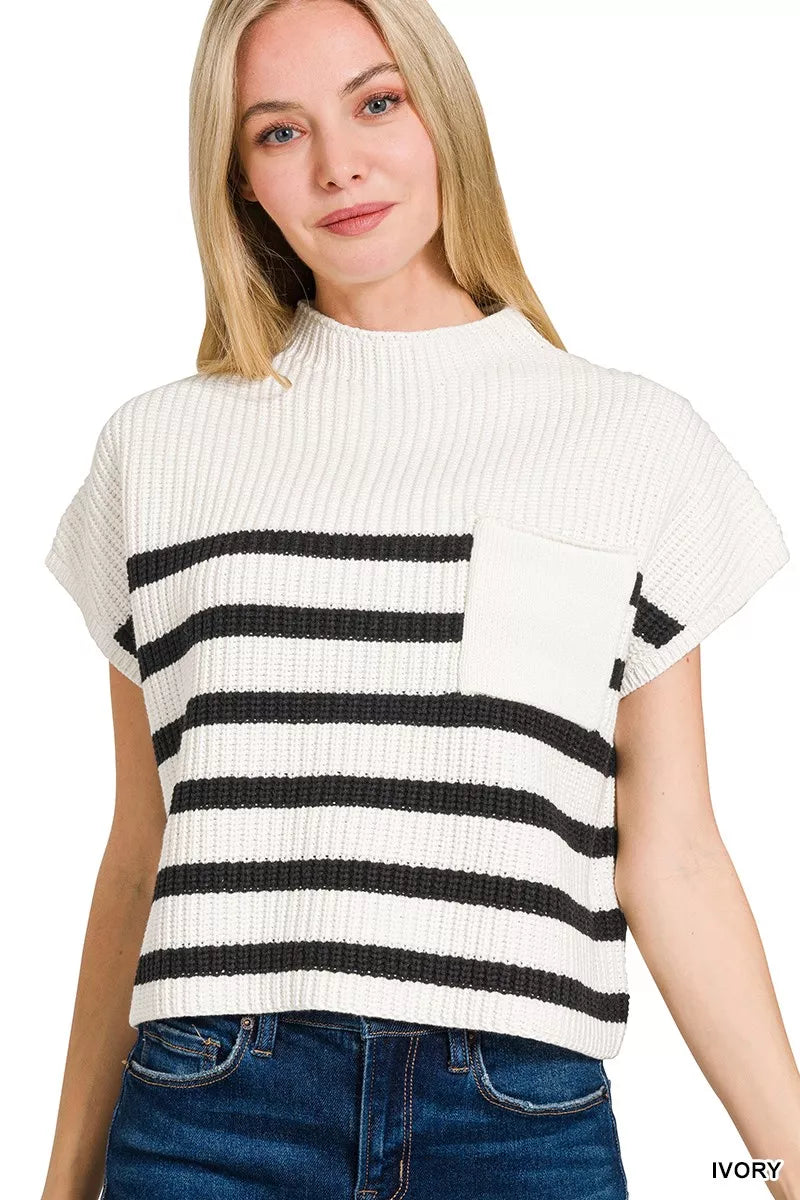 Ivory Zenana Short Sleeve Stripe Sweater