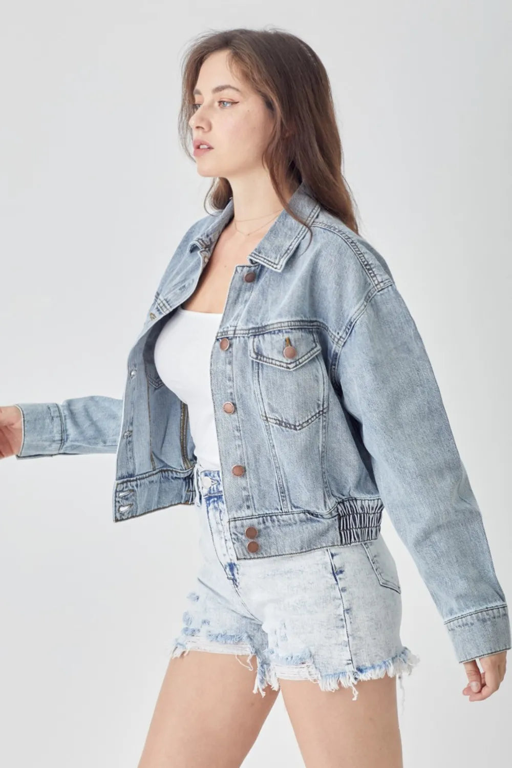 Light Risen Full Size Button Down Cropped Denim Jacket